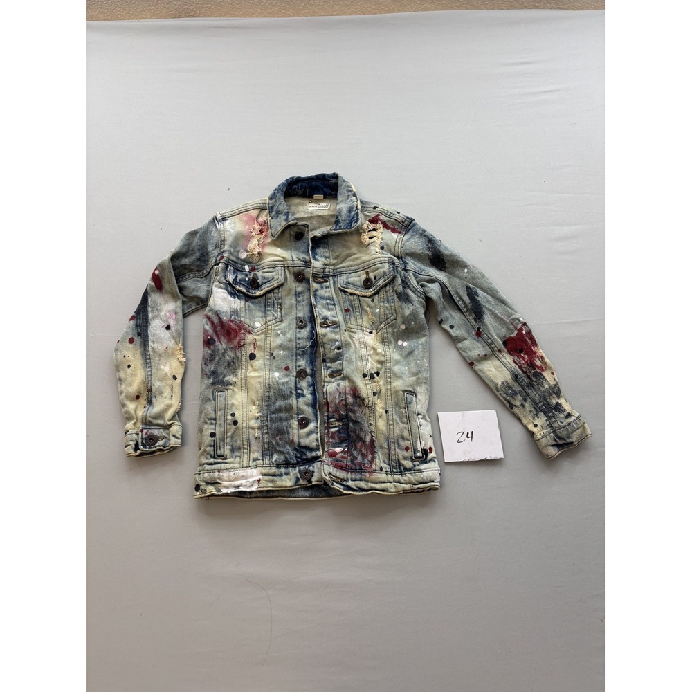 Evolution In Design Mens Distressed Paint Splatter Denim Jacket Blue Size L
